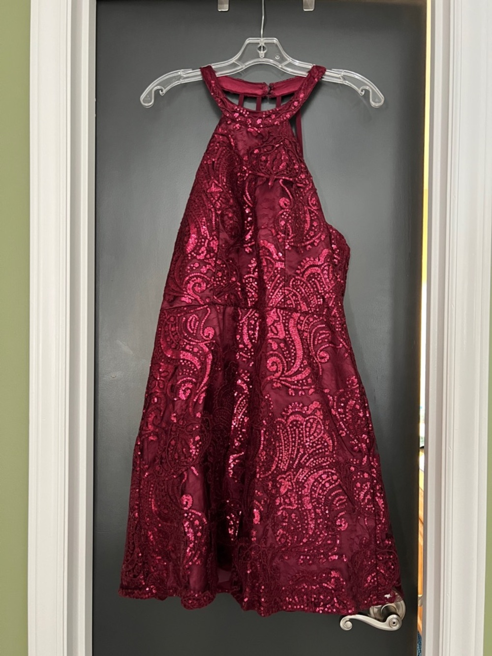 Juniors Burgundy Sequin Halter Dress